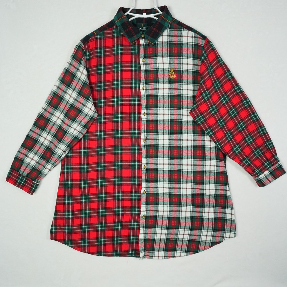 Lauren Ralph Lauren XL Patchwork Plaid Flannel Shirt Womens Tartan Colorblock - Picture 2 of 10